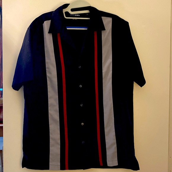 Vintage bowling shirt, retro, black, pale grey and mauve stripe, silk touch - Picture 1 of 6